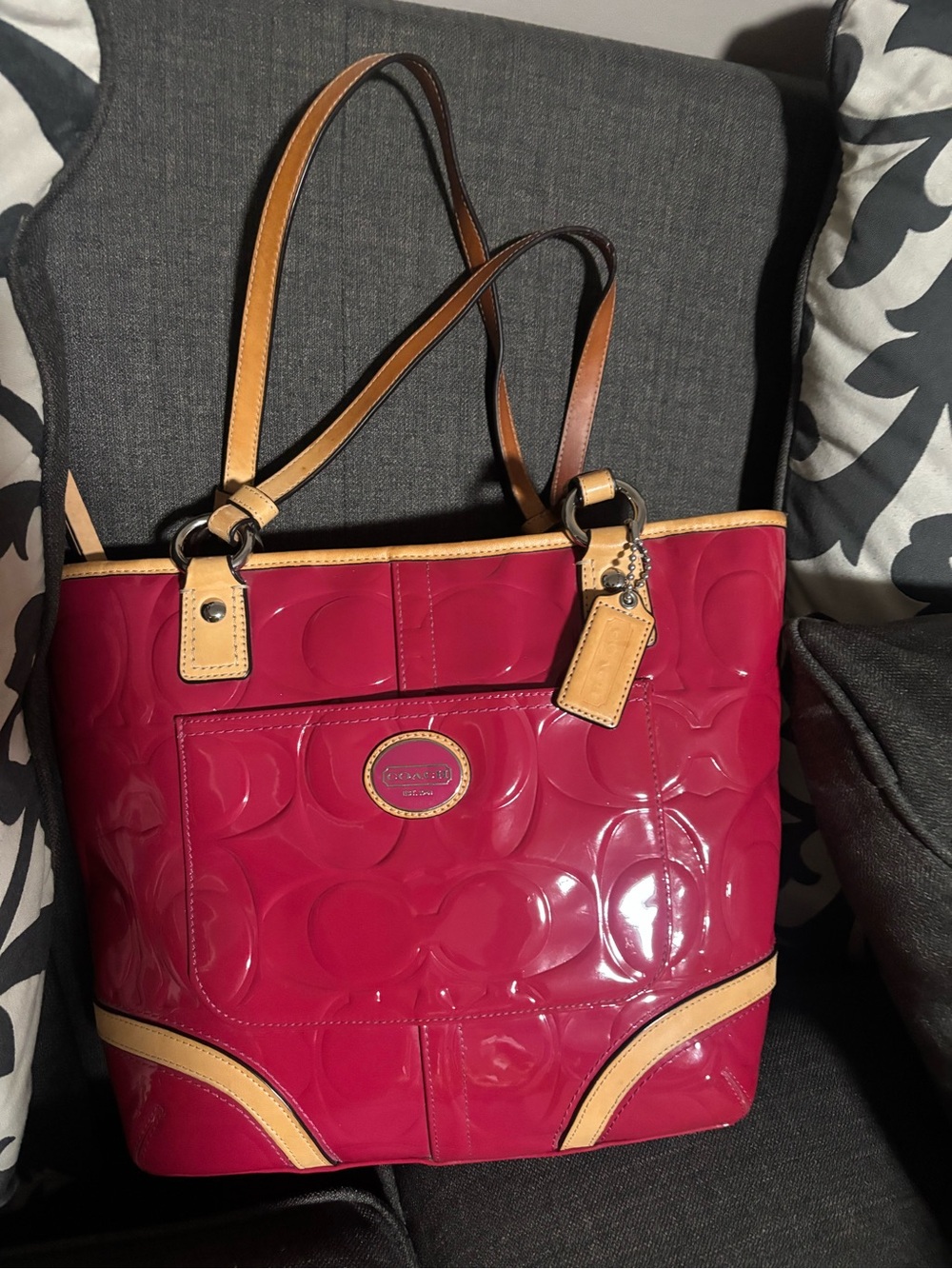 Coach F22322 Peyton Patent Embossed Tote SV Magenta Tan Shoulder Bag
